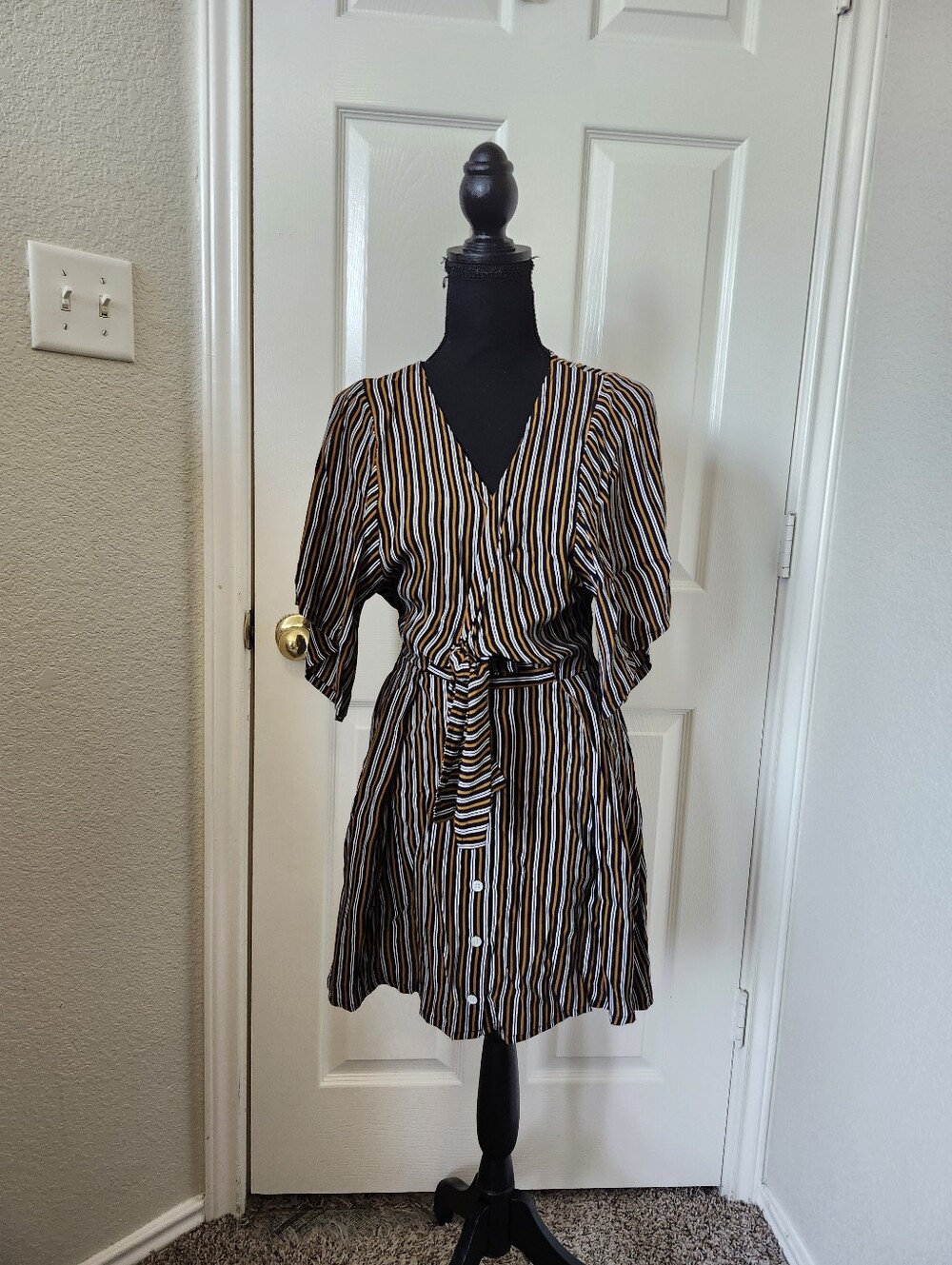 Faithfull The Brand Striped Wrap-Front Dress Brown Black XS